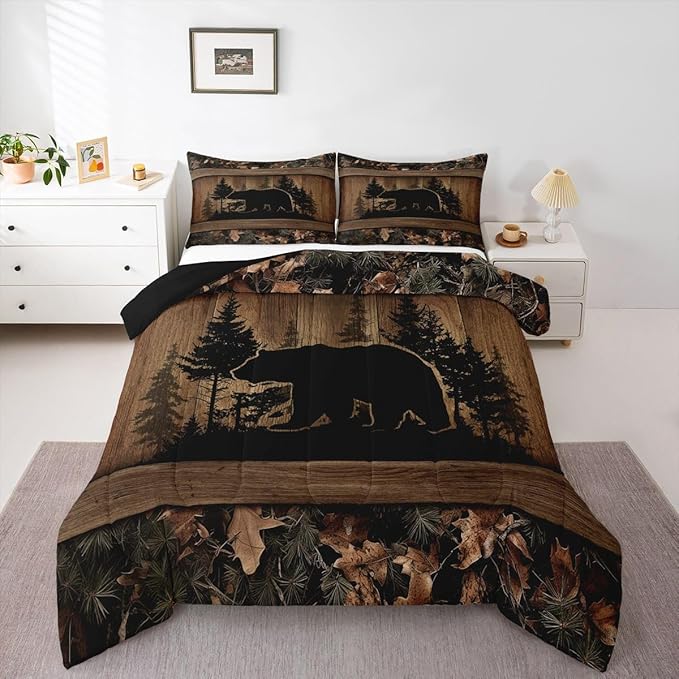 Erosebridal Farmhouse Black Bear Full Size Comforter Set Rustic Camo Bedding Set Country Cabin Lodge Bedding Comforter Sets,Woodland Animal Quilt 3 Pcs