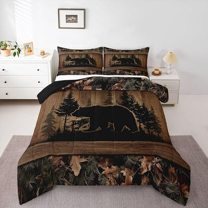 Erosebridal Farmhouse Black Bear Twin Size Comforter Set Rustic Camo Bedding Set Country Cabin Lodge Bedding Comforter Sets,Woodland Animal Quilt 2 Pcs