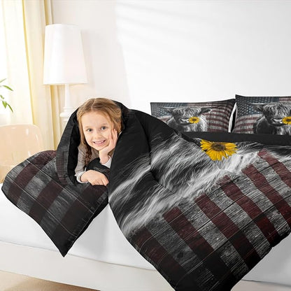 Feelyou Highland Cattle Bedding Set Sunflower Highland Cow Comforter Set for Kids Boys Girls America Flag Bull Comforter Animal Quilt Set 1 Comforter Set with 2 Pillowcases Full Size