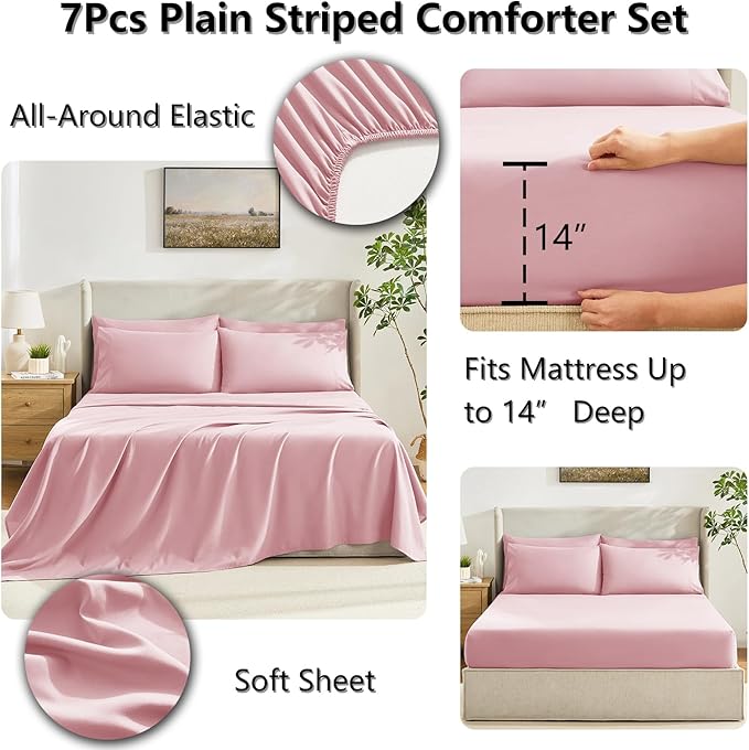 CozyLux Full Size Comforter Set Pink, 7 Pieces Bed in a Bag, Pink Comforter Full Size, All Season Bedding Sets with Stitch Quilted Comforter, Flat Sheet, Fitted Sheet, Pillowcases
