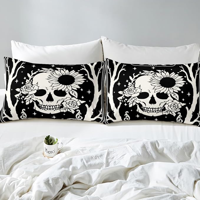 Erosebridal Halloween Skeleton Full Bedding Set, Gothic Skull Comforter Set, Skull Floral Comforter for Kids Boys Girls Teens Women Men Vintage Halloween Decor, Sun and Moon Black Goth Quilt