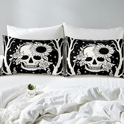 Erosebridal Halloween Skeleton Full Bedding Set, Gothic Skull Comforter Set, Skull Floral Comforter for Kids Boys Girls Teens Women Men Vintage Halloween Decor, Sun and Moon Black Goth Quilt