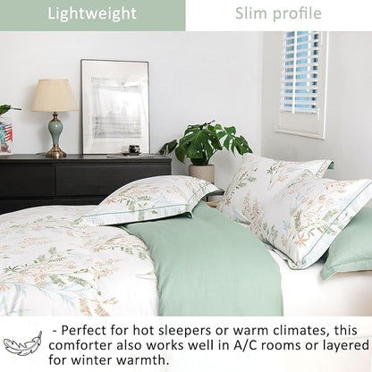 Natural Cotton 3pcs Botanical Comforter Sets Queen Size-Green Comforter with Luxurious Tan & Gray Leaves on White, Reversible Lightweight Floral Bedding Sets(Full/Queen)