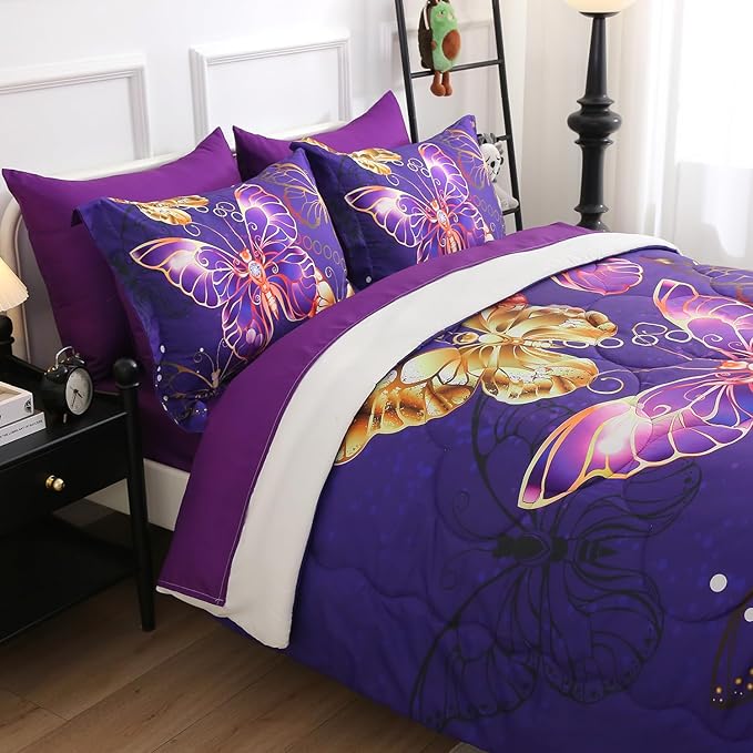 7 Piece Butterflies Comforter Set Full Size 3D Gold Violet Butterflies Bedding Set for Kids Girls Women for Birthday Christmas Gift