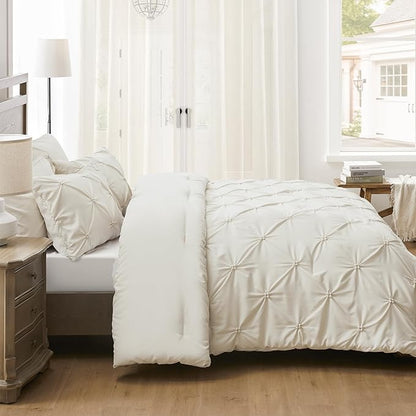 UNIKOME King Size Comforter Set Beige - Ultra Soft Boho Pintuck Cream Down Alternative Bedding Set for All Seasons, 3 Pieces Lightweight Warm Pinch Pleat Bed Set with Comforter, 2 Pillowcases