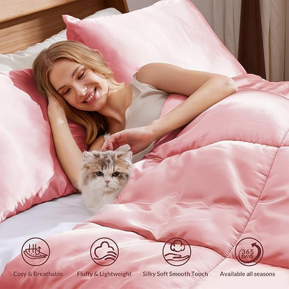 Whale Flotilla 2-Piece Reversible Silky Soft Twin Size Comforter Bedding Set, Luxurious Satin Comforters with Satin Pillowcase, Lightweight Duvet for All Seasons, Pink