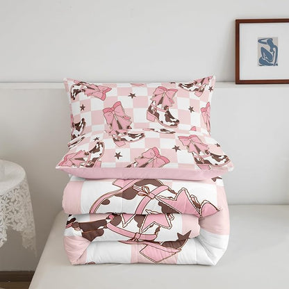 Feelyou Pink Western Bedding Set Cowgirl Cowboy Boots Comforter Set for Kids Boys Girls Teens Room Decor Cute Bowknot Dreamy Princess Style Comforter Twin Size Plaid Duvet Set 2Pcs
