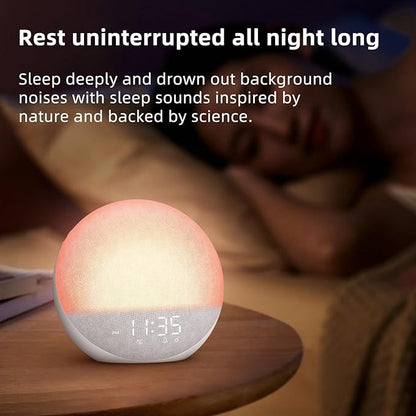 Sunrise Alarm Clock White Noise Machine: Natural Wake Up Light - Dimmable Clock with Bluetooth Speaker for Bedroom - 25 Sleep Sounds for Baby Adults Kids Frost White