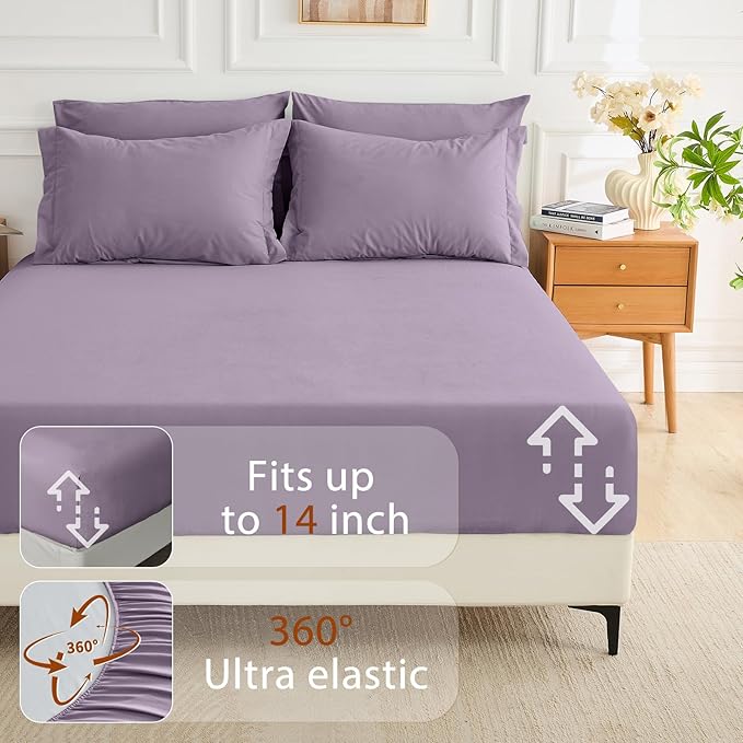 MUXHOMO 7 Pieces King Comforter Set, Soft Bed in a Bag King Size, All Season Bedding Set with Comforter, Flat Sheet, Fitted Sheet, Pillowcases & Shams, Greyish Purple