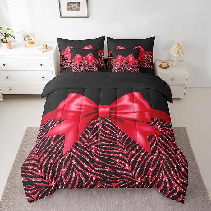 Feelyou Red Bowknot 7 Piece Bedding Set Queen Size Glitter Print Comforter Set with Sheets for Kids Girls Adult Cute Bowknot Bed in a Bag Black Silver Bed Set