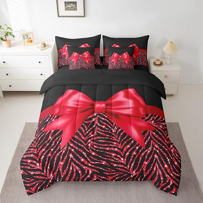 Feelyou Red Bowknot 7 Piece Bedding Set King Size Glitter Print Comforter Set with Sheets for Kids Girls Adult Cute Bowknot Bed in a Bag Black Silver Bed Set