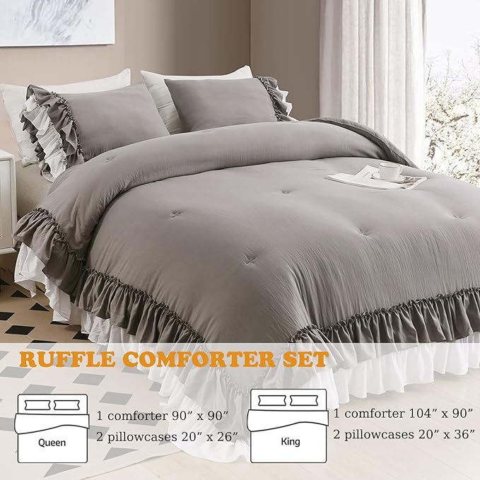 Masaca Shabby Ruffled Comforter King Size,Vintage Farmhouse Ruffle King Size Comforter Set French Country Rustic Aesthetic Bedding Extra Soft 3 Pieces