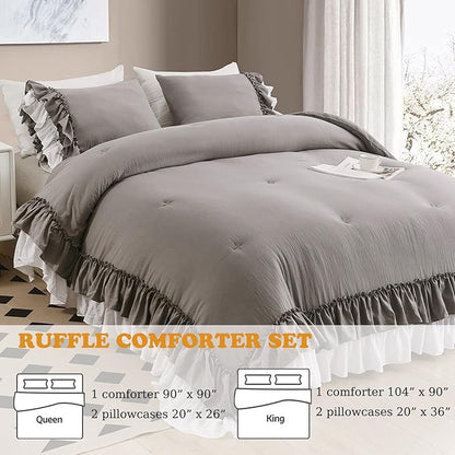 Masaca Shabby Ruffled Comforter King Size,Vintage Farmhouse Ruffle King Size Comforter Set French Country Rustic Aesthetic Bedding Extra Soft 3 Pieces