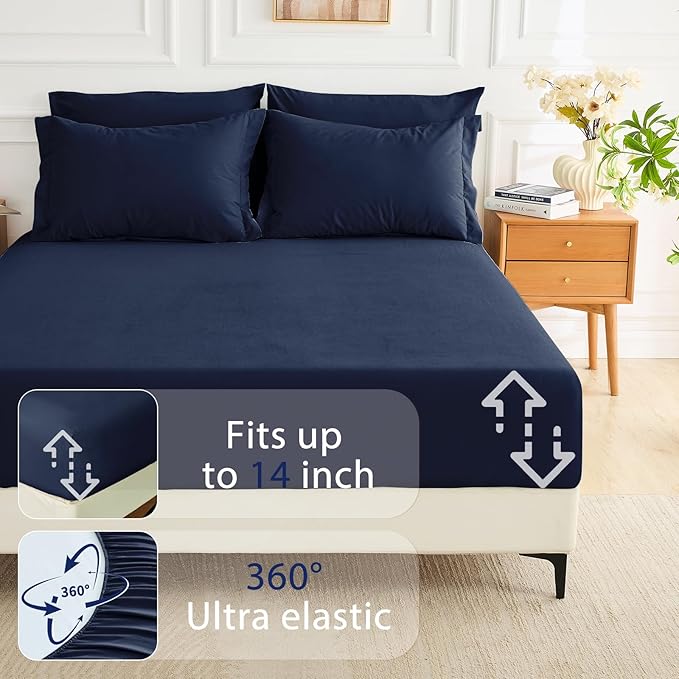 MUXHOMO 7 Pieces Full Comforter Set, Soft Bed in a Bag Full Size, All Season Bedding Set with Comforter, Flat Sheet, Fitted Sheet, Pillowcases & Shams, Navy Blue