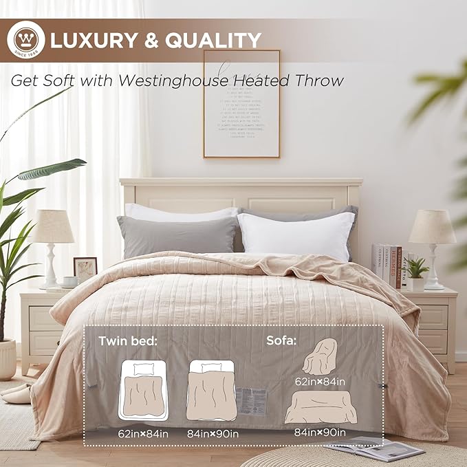 Westinghouse King Size Electric Heating Blanket, 10 Levels, Auto Shut Off, Fast Heating, Machine Washable (Beige, 100x90 Inches)