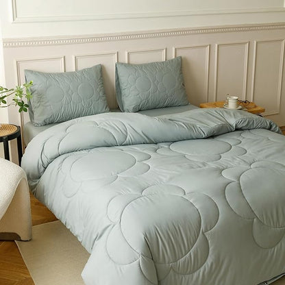 CLOTHKNOW Grayish Blue Full Comforter Set 3Pcs Daisy Puff Bedding Comforter Sets Dusty Floral Comforter Mineral Blue Comforter Sets Full