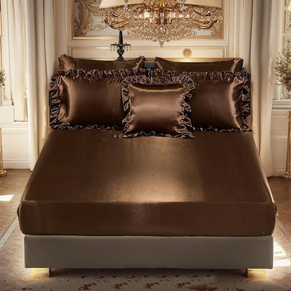 Silky Comforter Set with Sheet Set Queen 8 Pcs Borwn Bed in a Bag Dark Coffee Bedding Set Silk Like Satin Ruffle Home Deocr Sexy Hotel Silky Bed Set with 1 Cushion Cover