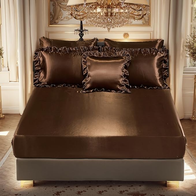 Satin Comforter Set with Sheet Set King 8 Pcs Borwn Bed in a Bag Dark Coffee Bedding Set Silk Like Satin Ruffle Home Deocr Sexy Hotel Silky Bed Set with 1 Cushion Cover