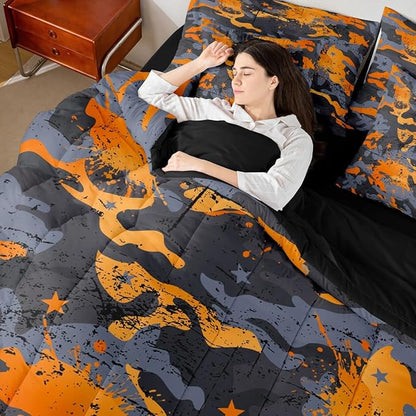 Erosebridal Camo King Comforter Set Graffiti 7-Piece Bed in A Bag Watercolor Grunge Ink Splash Ombre Sheets and Pillowcases Grey Orange Bed Sets
