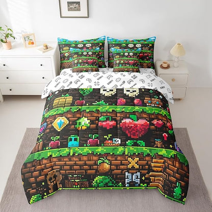 Video Games 7Pcs Comforter Set Queen Size,Colorful Pixelated Themed Bedding Set for Kids Boys Teens Men Room Decor,Sandbox Block Fitted Flat Sheet Funny Gamer Reversible 2 Throw Pillow,2 Pillowcases