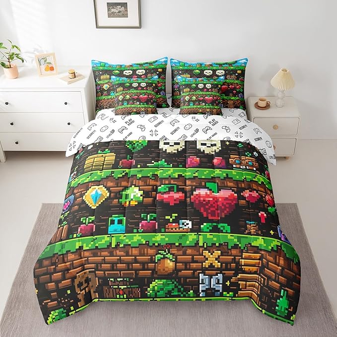 Video Games 7Pcs Comforter Set King Size,Colorful Pixelated Themed Bedding Set for Kids Boys Teens Men Room Decor,Sandbox Block Fitted Flat Sheet Funny Gamer Reversible 2 Throw Pillow,2 Pillowcases