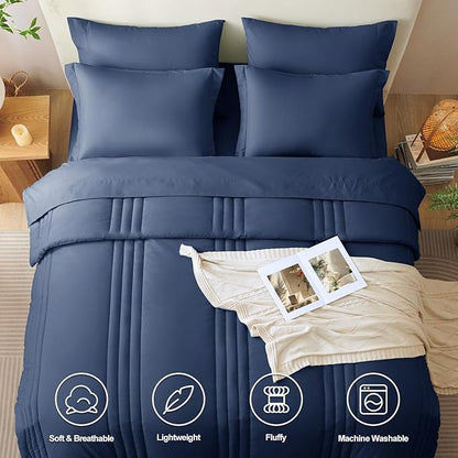 CozyLux King Size Comforter Sets - 7 Piece Bed in a Bag Navy Blue Comforter Set with Sheets Bed Set All Seasons, Soft Bedding Set with Down Alternative Comforter, Sheets, Pillowcases & Shams