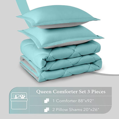 downluxe Queen Comforter Set - Turquoise and Grey Queen Comforter, Soft Bedding Sets for All Seasons -3 Pieces - 1 Comforter (88"x92") and 2 Pillow Shams(20"x26")