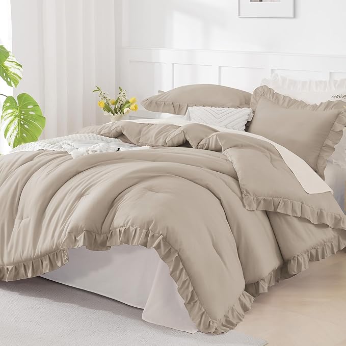 Andency Wheat Ruffle Comforter Twin XL(68x92Inch), 2 Pieces(1 Ruffled Comforter and 1 Pillowcase) Solid Farmhouse Shabby Chic Bed, Vintage Rustic Soft Microfiber Bedding Set