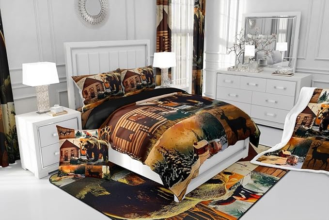 Erosebridal Rustic Lodge Comforter Set King Size Bear Deer Fox Cabin Bedding Set for Kids Teens Adult | Country Woodland Animals Duvet Insert Vintage Barn Pine Trees Brown Black Quilt,3 Piece