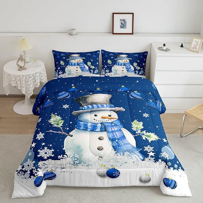 Cute Snowman Comforter Set Twin Size,Merry Christmas Quilt Set 2Pcs Xmas Bells and Snowflake Bedding Set for Kids Boys Girls Teens Room Decor Cartoon Blue White Duvet Insert,1 Pillowcase