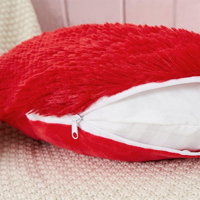 MOOWOO Red Heart Faux Fur Throw Pillow with Pillow Cover and Insert,Sherpa Plush Fluffy, Solid Color,Christmas Decorations,Valentines Day Decor, Heart Shape Gift for Girls,Love Pillow