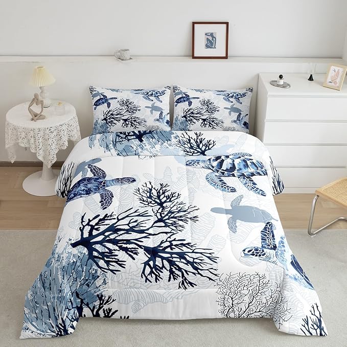 Erosebridal Turtle Comforter Set Queen White Blue Sea Turtle Bedding Set for Kids,Reptile Coastal Tortoise Quilt Hawaiian Beach Theme Comforter for Boys Girls Room