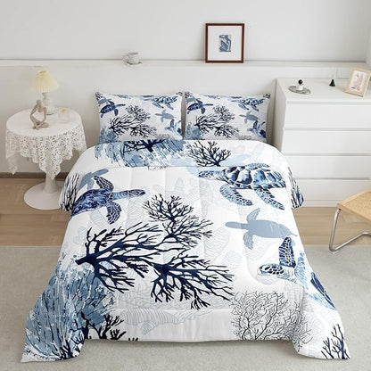 Erosebridal Hawaiian Turtle Bedding Set King Size Retro Sea Turtle Comforter, Reptile Tortoise Duvet Quilt Set for Boys Girls White Blue Coastal Beach Theme Marine Life Bedroom Decor