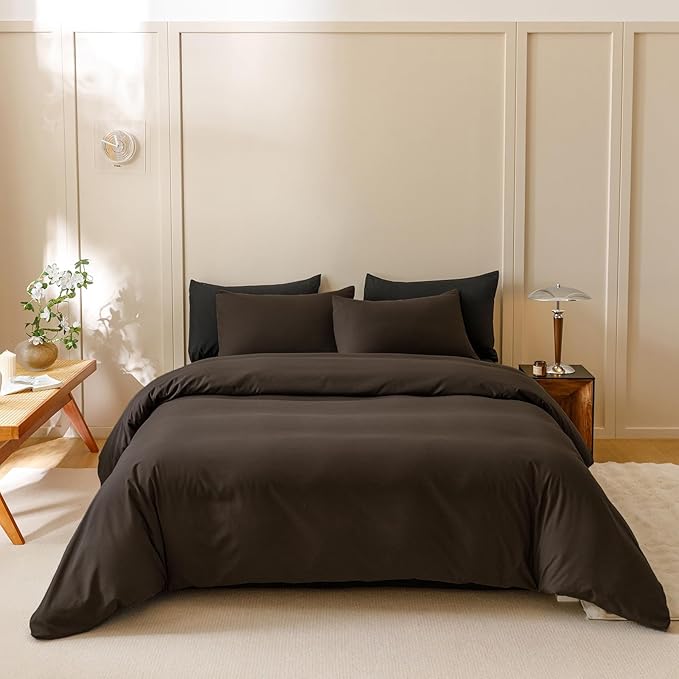 KAREVER Dark Brown Comforter Set Queen Size Deep Brown Bedding Set 3 PCs Deep Coffee Color Comforter Set Fluffy Blanket Queen Size