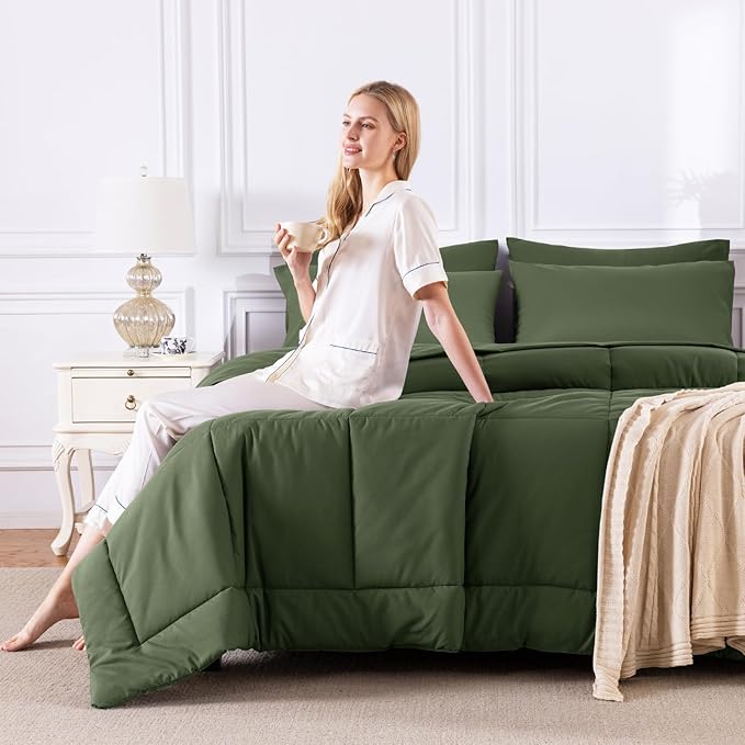 CozyLux Full Size Comforter Sets Olive Green, 7 Pieces Bed in a Bag, Green Comforter Full Size, All Season Bedding Sets with Stitch Quilted Comforter, Flat Sheet, Fitted Sheet, Pillowcases
