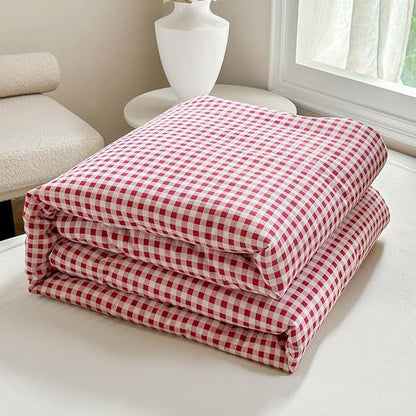 NSNLGSGC Red Gingham Cotton Comforter Set Twin, 100% Washed Cotton Plaid Checked Comforter Bedding, 2 Pieces Vintage Farmhouse Grid Bedding Set(Red Gingham, Twin)