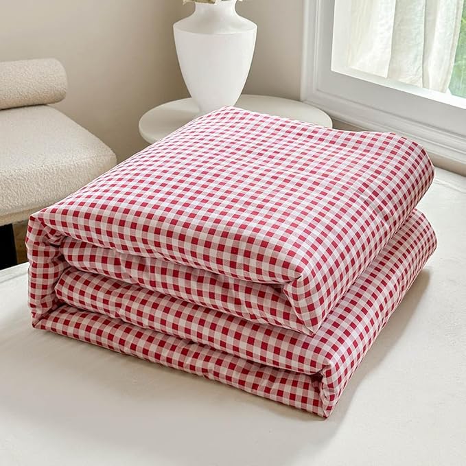 NSNLGSGC Red Gingham Cotton Comforter Set Queen, 100% Washed Cotton Plaid Checked Comforter Bedding, 3 Pieces Vintage Farmhouse Grid Bedding Set(Red Gingham, Queen)