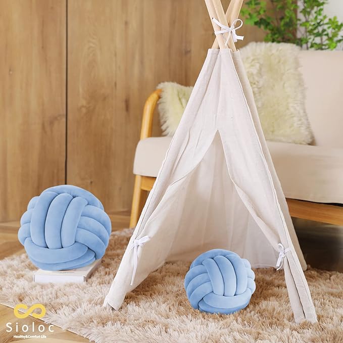 Sioloc Soft Knot Ball Pillows,Round Throw Pillow Cushion Home Decoration Plush Pillow,Throw Knotted Pillow Handmade Round Plush Pillow（7.8inches,Light Blue）