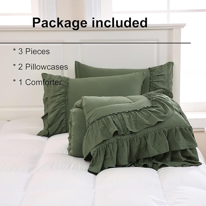Olive Green Comforter Set King Boho Bedding Set Shabby Chic 2 Layers Ruffled Bedroom Home Decor Ultra Soft Microfiber Farmhouse Down Comforter Bohemian Quilt Set