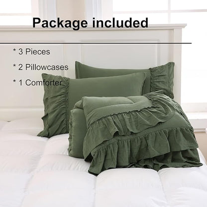 Olive Green Comforter Set Queen Boho Bedding Set Shabby Chic 2 Layers Ruffled Bedroom Home Decor Ultra Soft Microfiber Farmhouse Down Comforter Bohemian Quilt Set