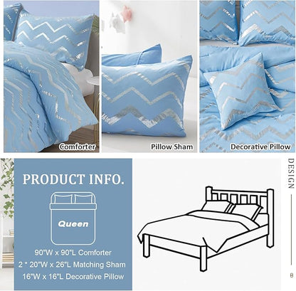 Menghomeus Blue/Silver Comforter Set Queen/Full Size Metallic Print Glitter Bed Comforter Cute Shinny Bedding for Teen Girls Kids Women, 4 Piece (2 Pillowcases, 1 Decorative Pillow Sham)