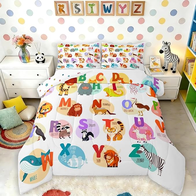 Alphabet Bedding Set for Kids Room Decor Cute Cartoon English Alphabet Comforter Set for Child Boys Girls,Animal ABC Fish Pattern Duvet Insert Ocean Sealife 26 Letters Bedroom Decor Queen Size