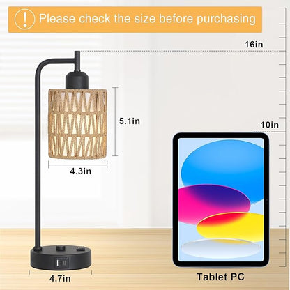 Touch Control Boho Table Lamps Set of 2, 3 Way Dimmable Desk Lamp with LED Bulbs, Rattan Bedside Lamp for Bedroom With Charging Ports and Outlet, Small Nightstand Lamp for Living Room Home Office
