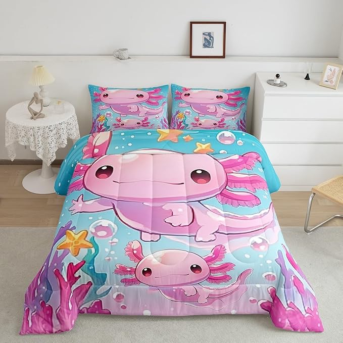 Girls Cute Axolotl Kids Twin Size Comforter Set,Pink Ocean Sealife Kawaii Animal Reversible Bedding Sets for Teens Bedroom Decor,Cartoon Blue Sea Coral Quilted Duvet,1 Pillowcase