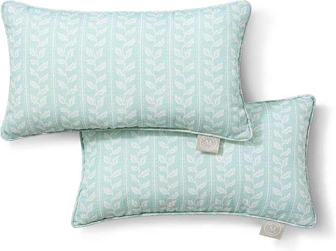 Martha Stewart Vineyard Vines Indoor Outdoor Decorative Lumbar Pillow 2-Pack Set, UV Fade Resistant, Water Repellent, Printed Garden Design, Aqua Blue, 11"x18"
