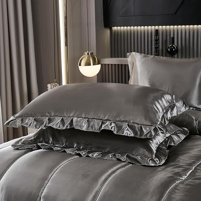 Grey Comforter Set with Satin Sheet Set Full 8 Pieces Silk Like Satin Bedding Set Luxury Silky Ruffle Pattern Home Deocr Sexy Hotel Silky Bed Set with 1 Cushion Cover