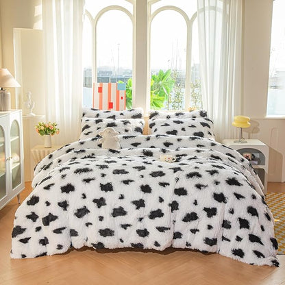 chovy Faux Fur Tie-Dyed Cow Print Black White Comforter Sets Queen - 3PC Bed Set Ultra Soft Plush Flannel Velvet Fluffy Fuzzy Bedding（Comforter x 1 Pillowcases x 2）