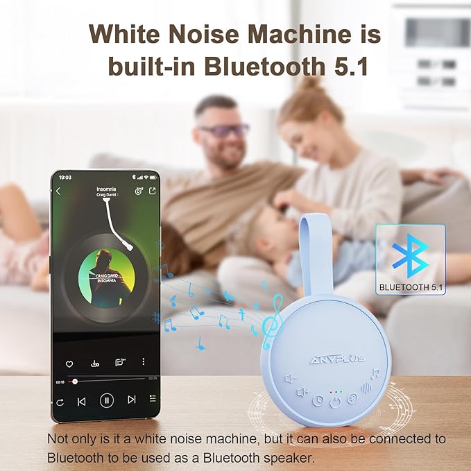 White Noise Sound Machine for Sleeping Adults & Baby, Portable Noise Machine with 24 Soothing Sounds, Bluetooth 5.1, Battery Powered, 3 Timer Settings, Memory Function for Home, Office, Travel (Blue)
