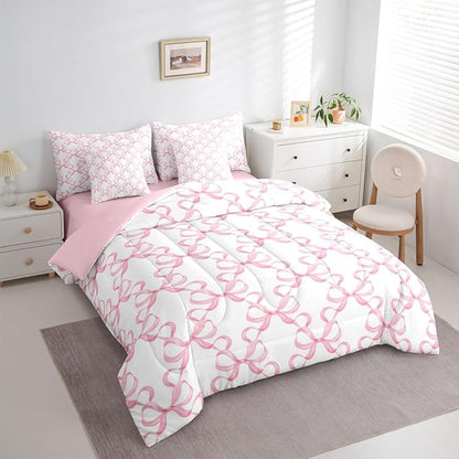 Feelyou Pink Bow Queen Comforter Set with Sheets for Kids Boys Girls Cute Bowknot 7 Pieces Bedding Set Bow Plaid Bed in a Bag Princess Decor Room Decor Soft Lightweight Microfiber