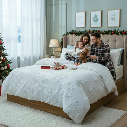 Frienda 3 Pcs Winter Snowflake King Comforter Cover Set Includes 1 Duvet Cover and 2 Pillow Shams Boho Tufted White Snowflake Bedding Set for Winter Gift